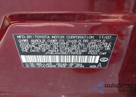 2008 Lexus Es 350 z USA, uszkodzony, nr VIN JTHBJ46G882198908